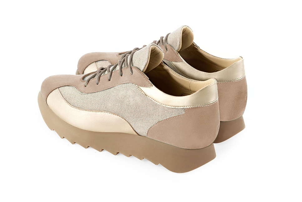 Tan beige and gold women's elegant sneakers. Round toe. Low rubber soles. Rear view - Florence KOOIJMAN
